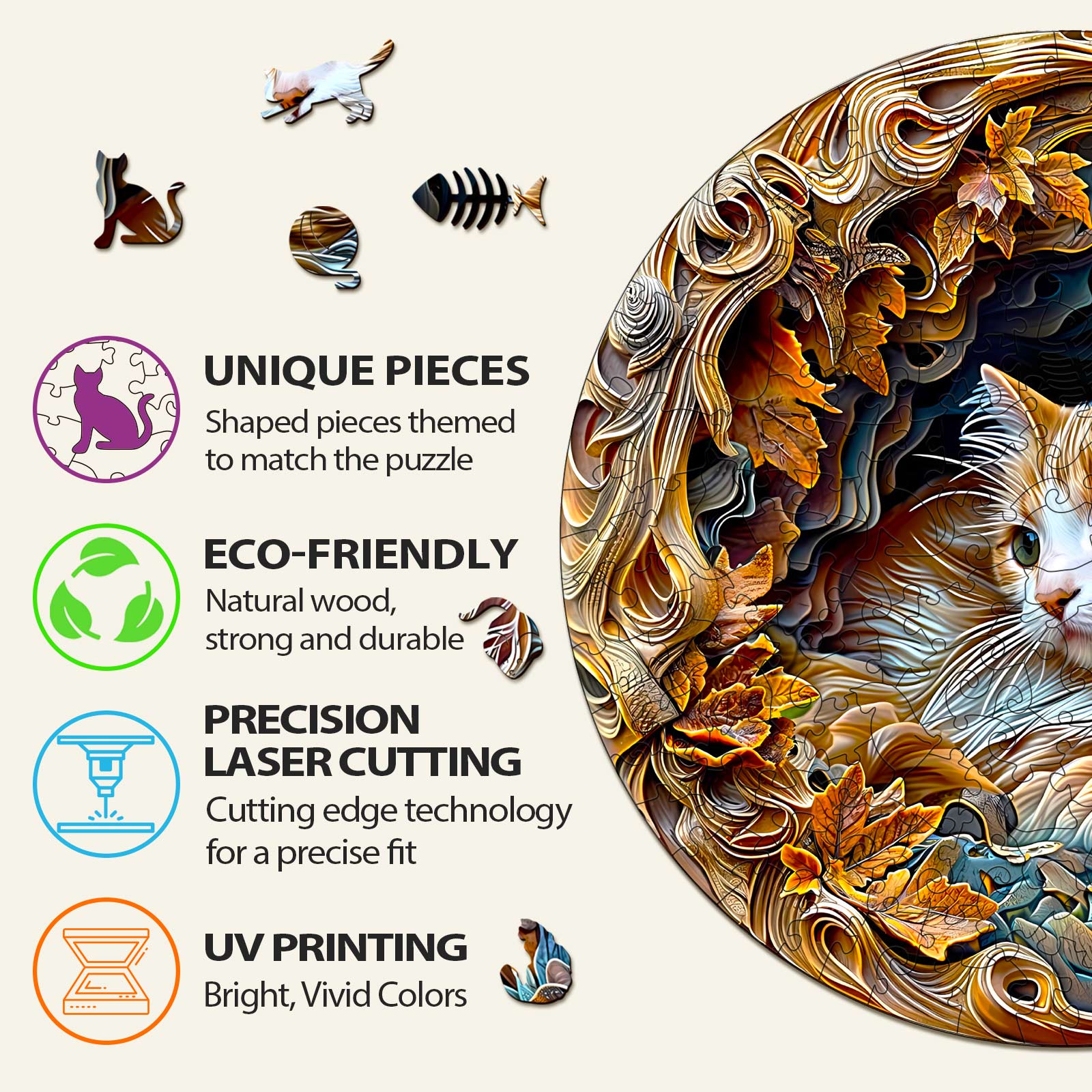 3D Cat Wooden Jigsaw Puzzle features unique pieces, eco-friendly materials, precision laser cutting, and vivid UV printing.