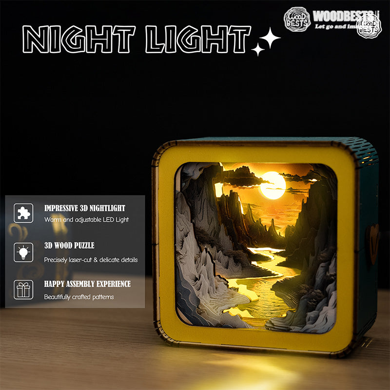 Long River Sunset Kit 3D wooden puzzle night light with warm adjustable LED illumination and detailed mountain scenery.