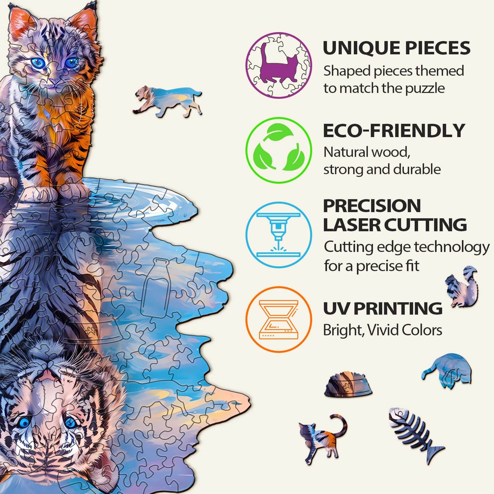 Cat Tiger wooden jigsaw puzzle features eco-friendly materials, unique pieces, precision cutting, and vibrant UV printing.