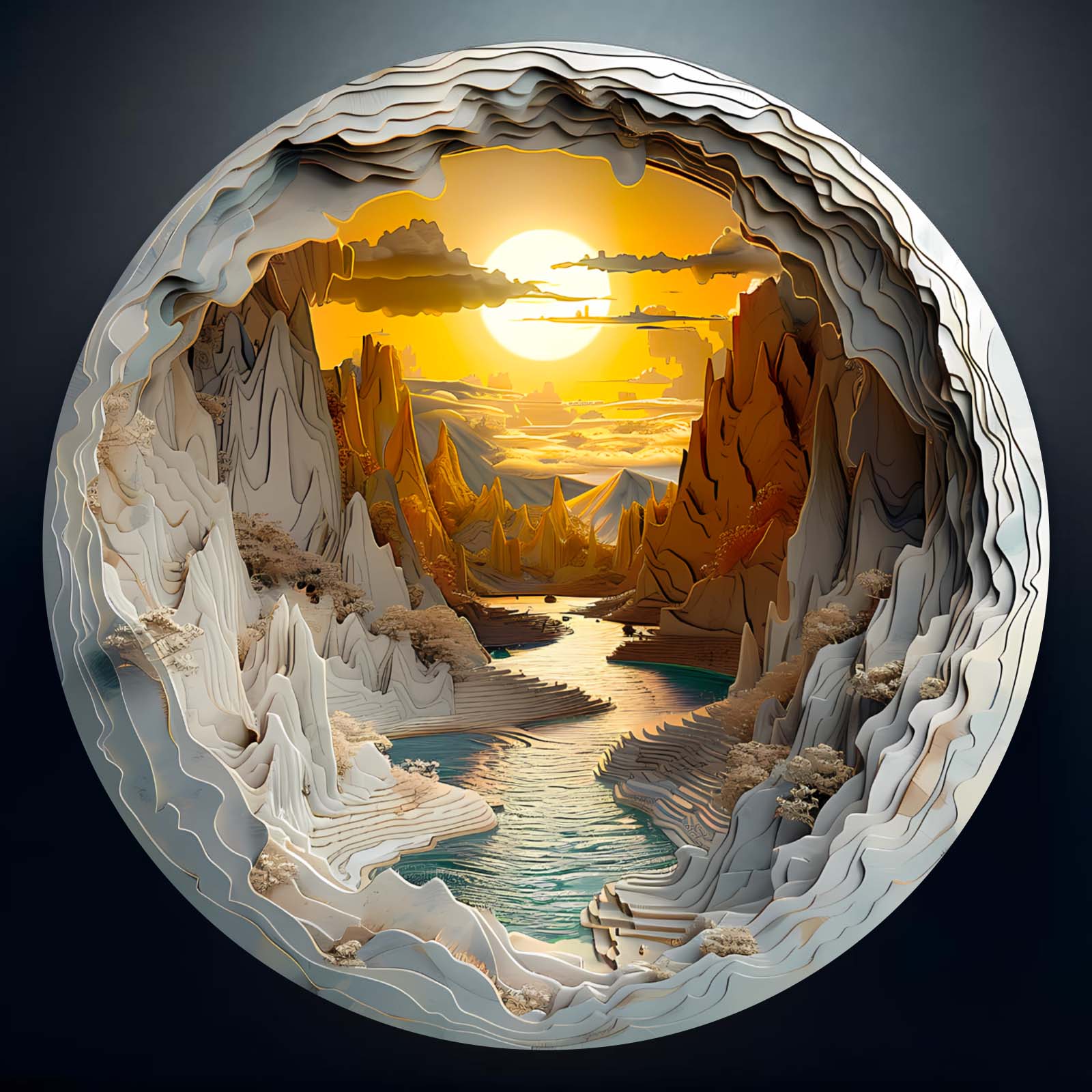 3D vision inside the cave-1 wooden jigsaw puzzle featuring intricate layered landscapes and sunset scenery.