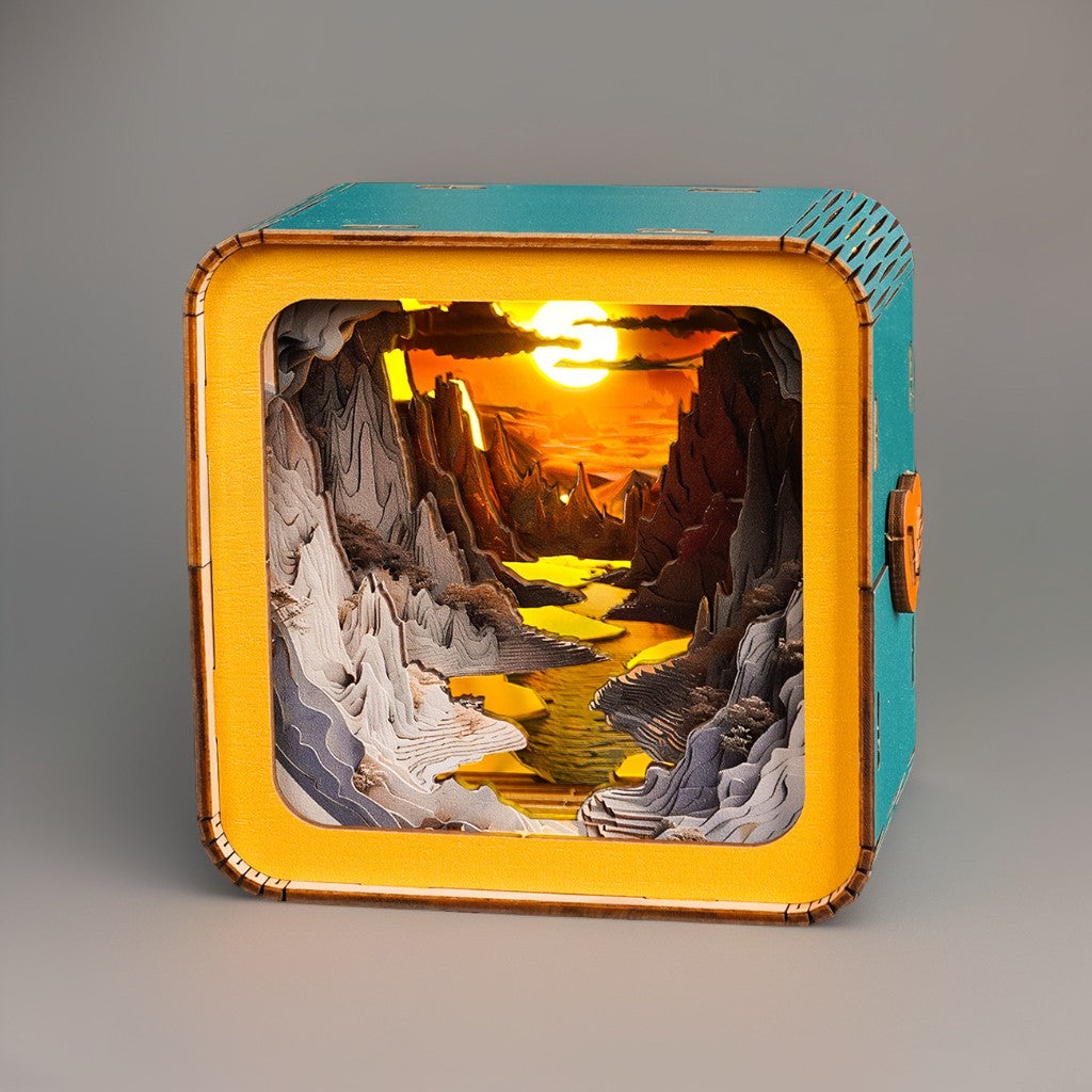 3D wooden puzzle night light featuring a serene river sunset scene, intricately layered with vibrant colors.