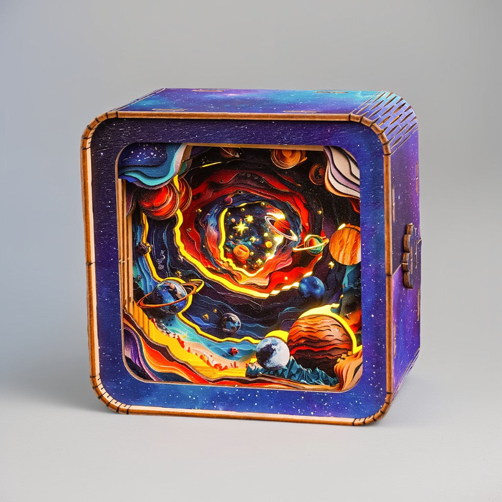 3D wooden puzzle night light with a cosmic design featuring colorful planets and swirling galaxies.