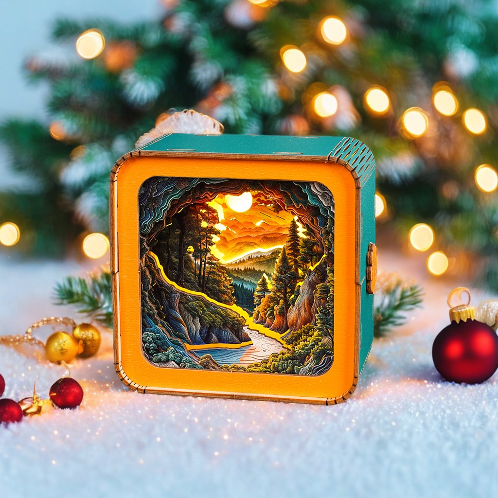Sunset Wilderness Path wooden puzzle night light highlighting a scenic forest landscape with warm lighting and holiday decor.