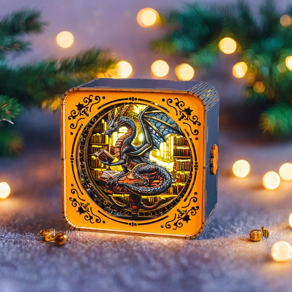 3D wooden puzzle night light featuring a dragon design with books, ideal for library decor and kids' rooms.