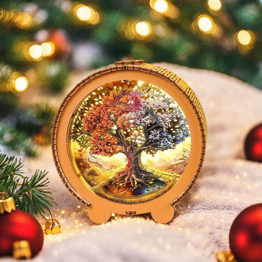 3D wooden puzzle night light featuring a colorful Tree of Life design, surrounded by festive decorations and warm lights.