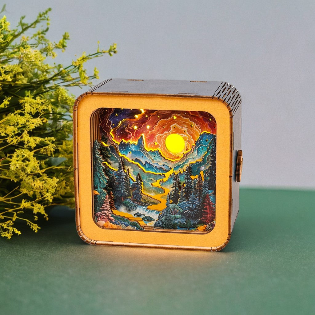 Golden River 3D wooden puzzle night light featuring a colorful forest scene with a glowing sun.