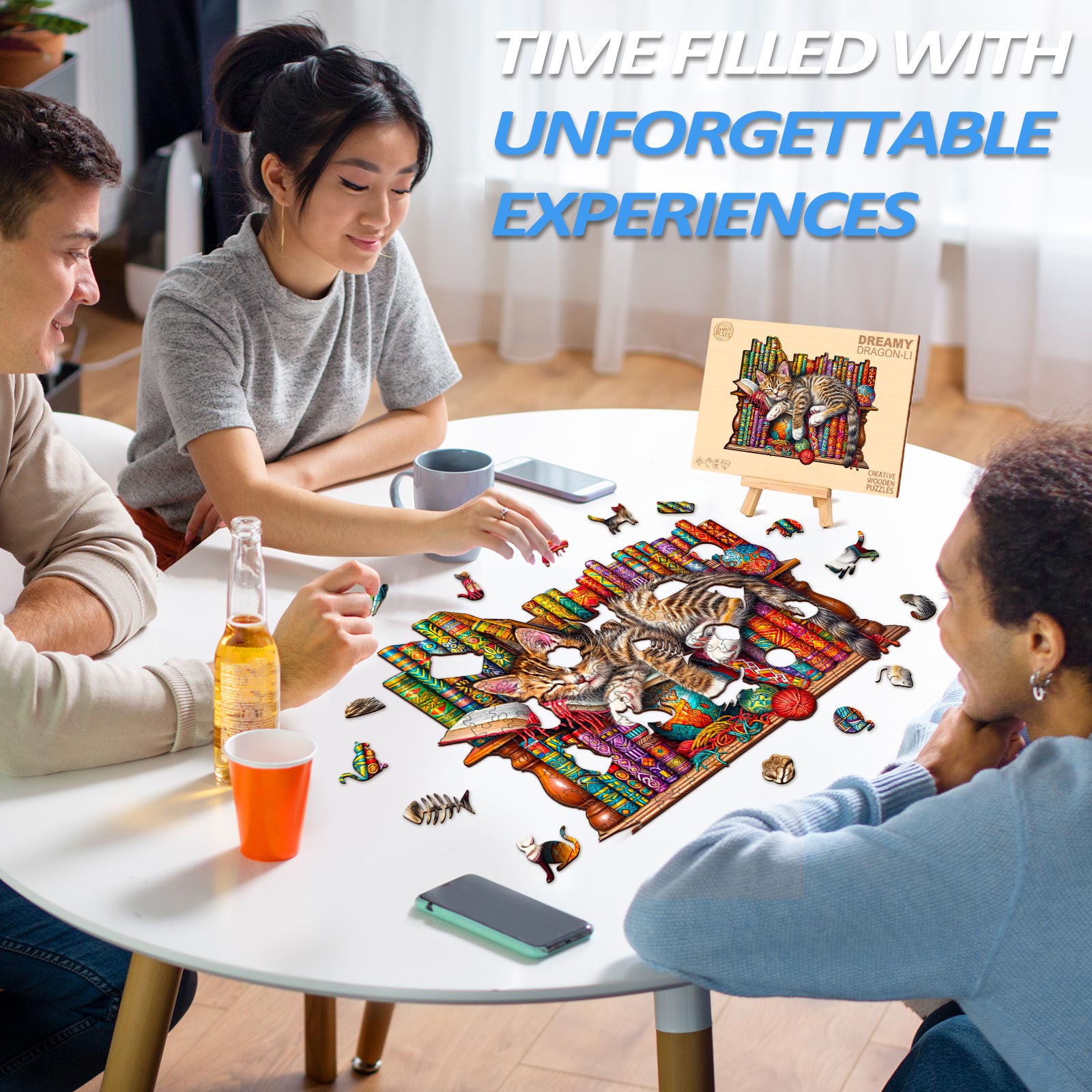Group of friends enjoying the Dreamy Cat-Li wooden jigsaw puzzle at a table, creating unforgettable experiences.