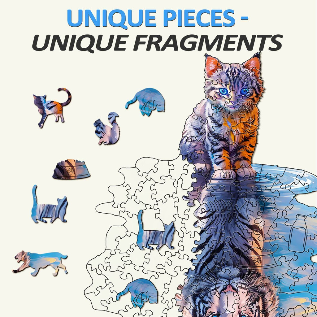 Colorful Cat Tiger wooden jigsaw puzzle with unique pieces and fragment shapes, designed for brain-training and focus.