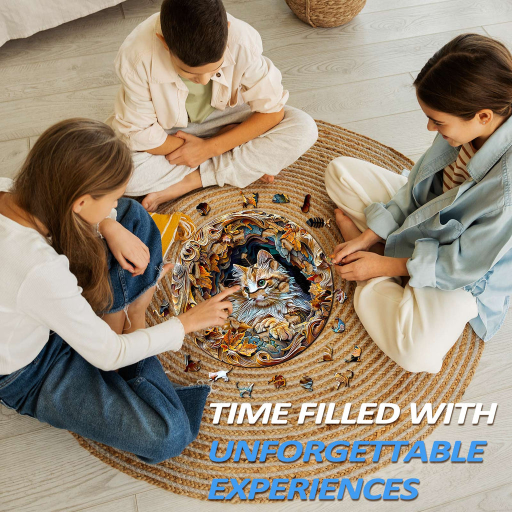 Children enjoying a 3D Cat wooden jigsaw puzzle, promoting focus and unforgettable experiences through puzzle-solving.