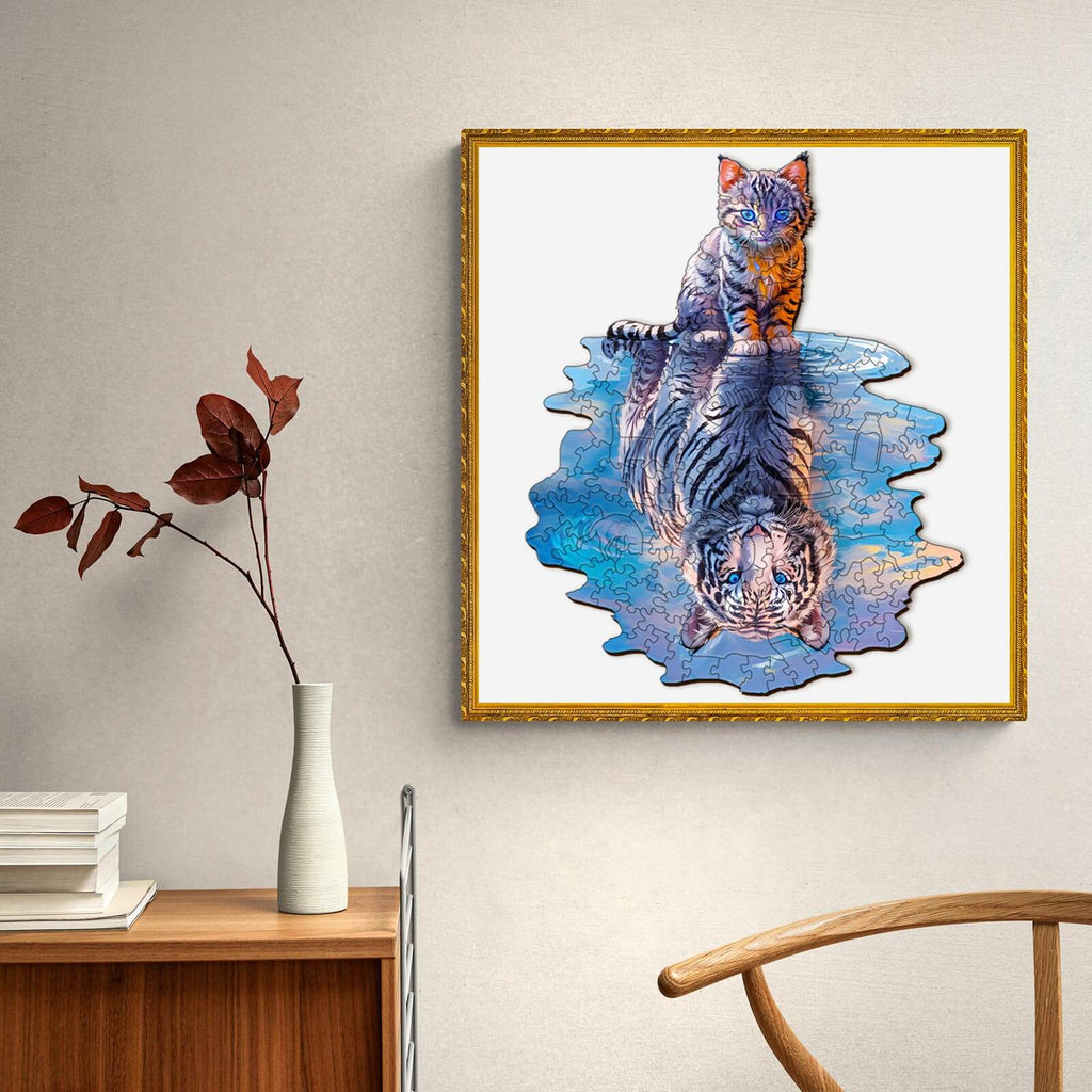 Colorful wooden jigsaw puzzle featuring a cat and tiger reflection, ideal for focused mind games and puzzle enthusiasts.