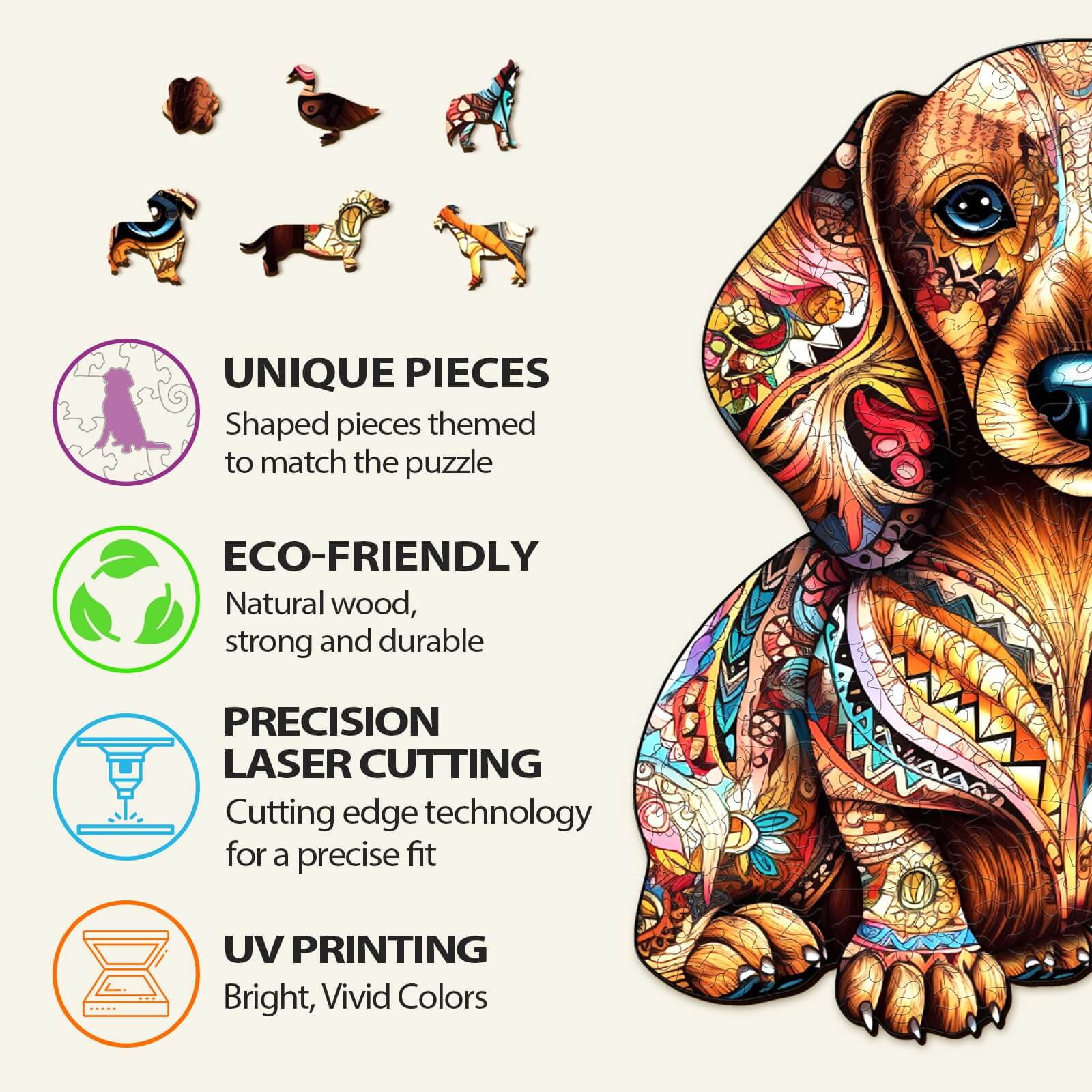 Dachshund-3 Wooden Jigsaw Puzzle features unique pieces, eco-friendly wood, precision laser cutting, and vibrant UV printing.