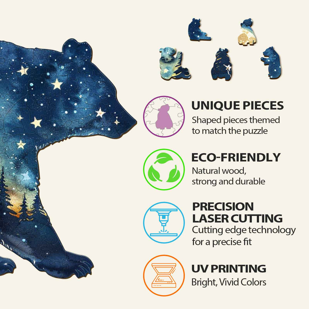 Astral Bear wooden jigsaw puzzle features unique pieces, eco-friendly materials, precision laser cutting, and UV printing.