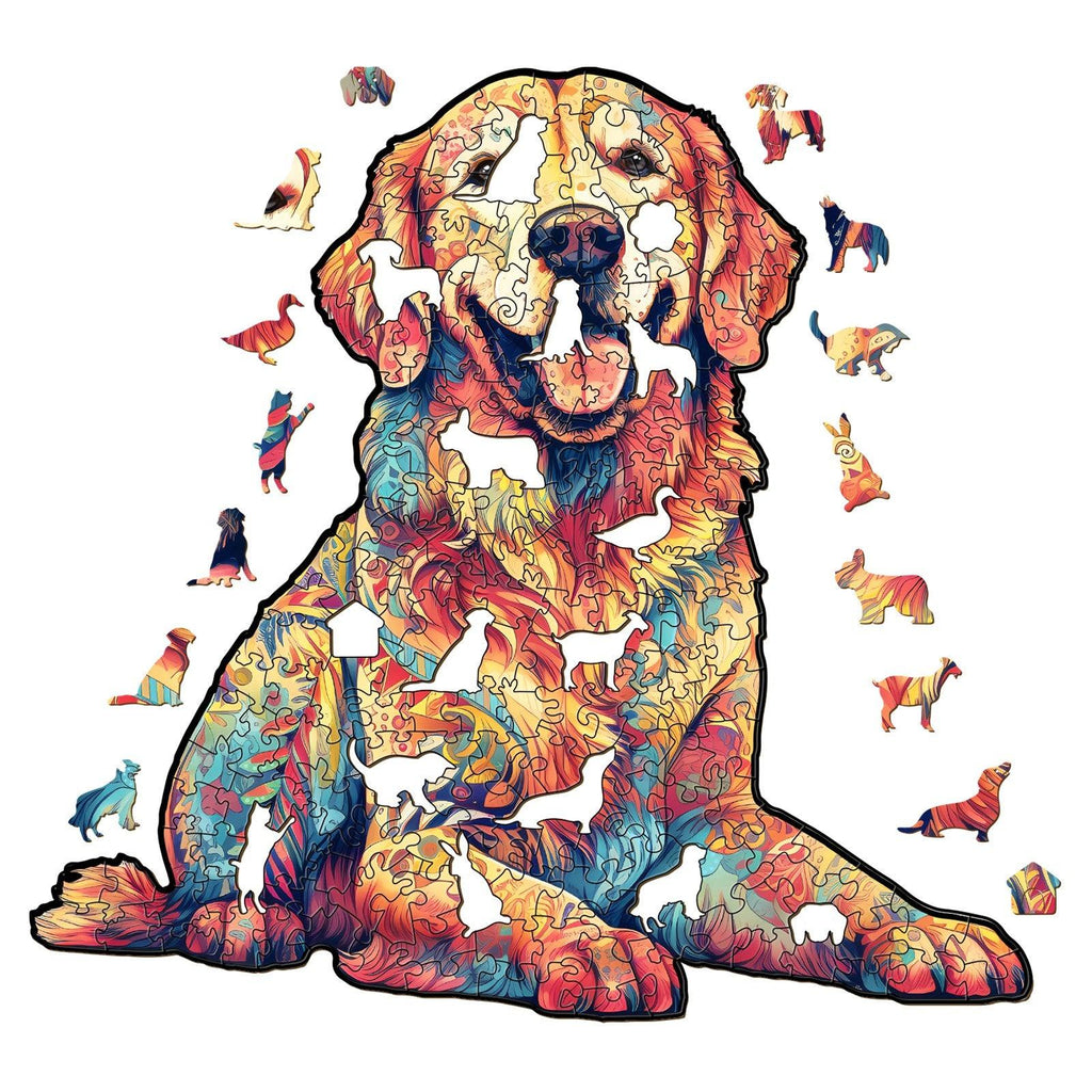 Vibrant wooden jigsaw puzzle featuring a colorful Golden Retriever design and unique animal-shaped pieces.