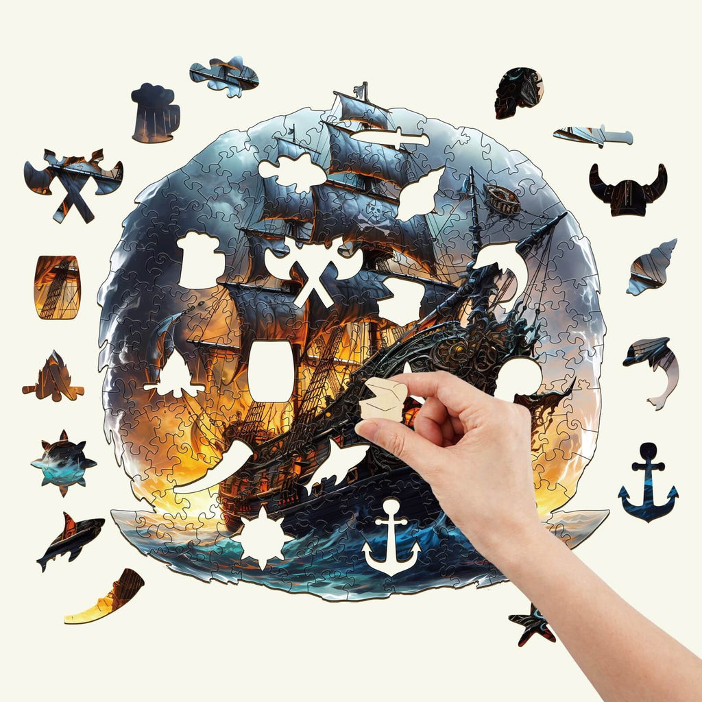 Person assembling a vibrant wooden jigsaw puzzle of a sailing ship with unique shapes and intricate details.