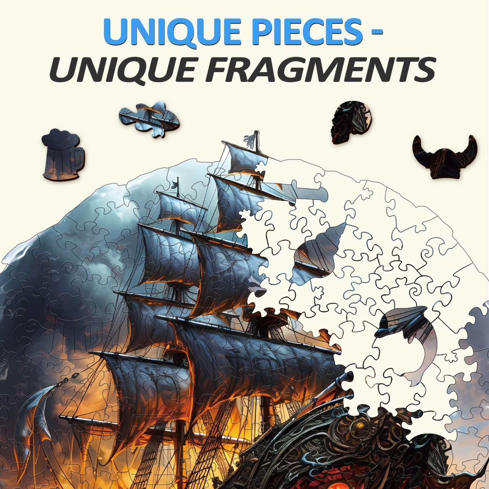Sailing ship wooden jigsaw puzzle with unique pieces, showcasing intricate designs and vibrant colors.
