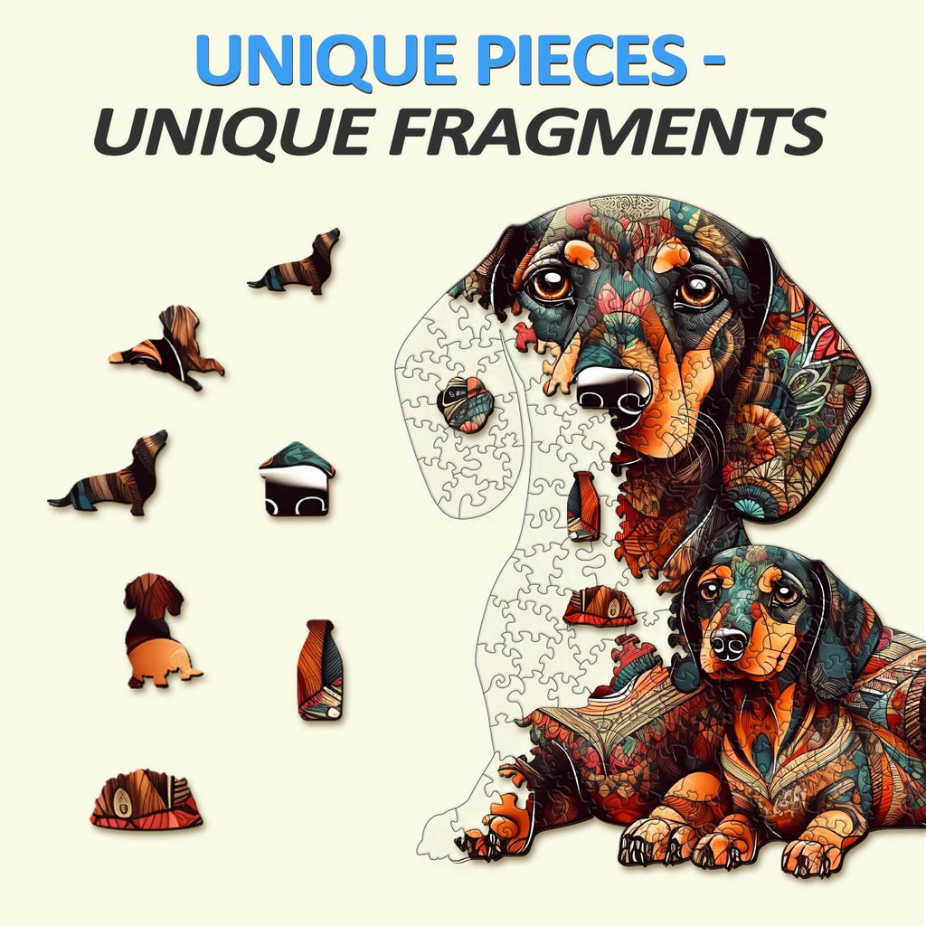Colorful wooden jigsaw puzzle featuring unique dachshund-shaped pieces and intricate designs.