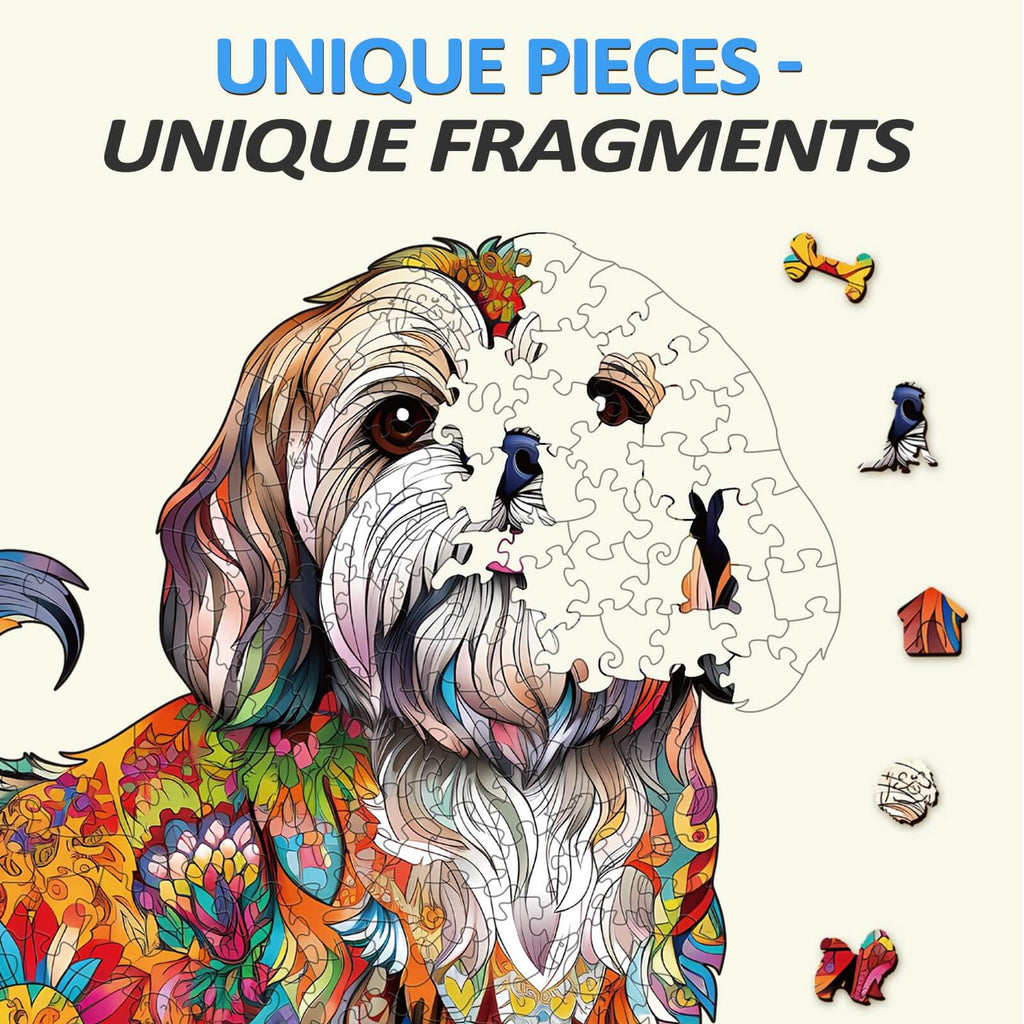 Beautiful Shih Tzu wooden jigsaw puzzle with unique pieces and vibrant colors, showcasing delightful animal designs.