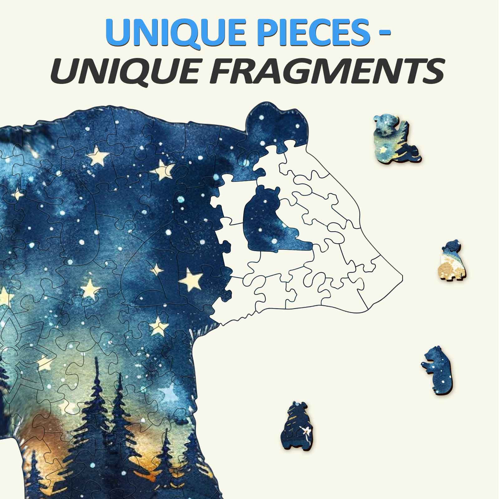 Astral Bear wooden jigsaw puzzle pieces showcasing unique fragments with a starry design.