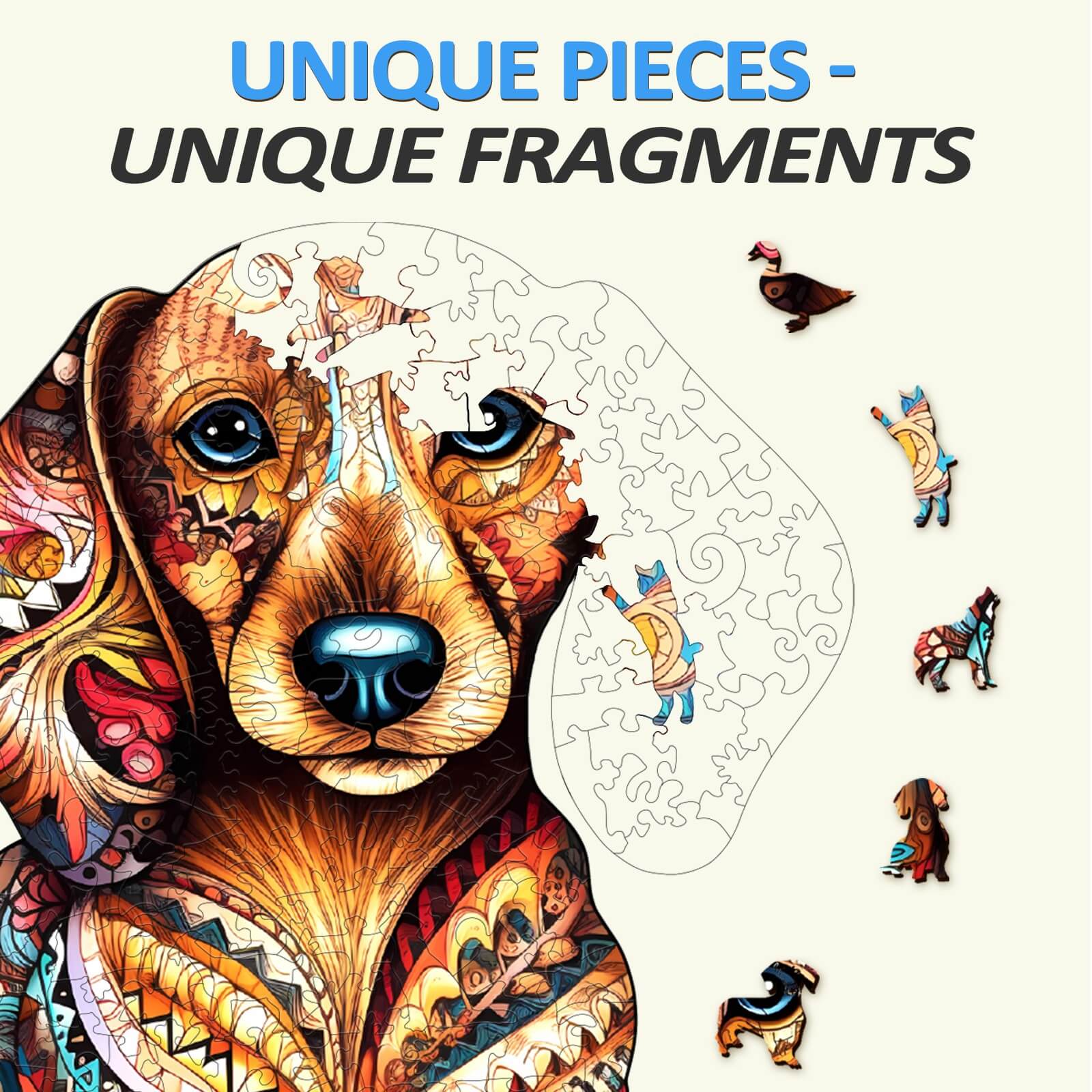 Colorful Dachshund puzzle pieces showcasing unique shapes and designs, bringing vibrant art to life.